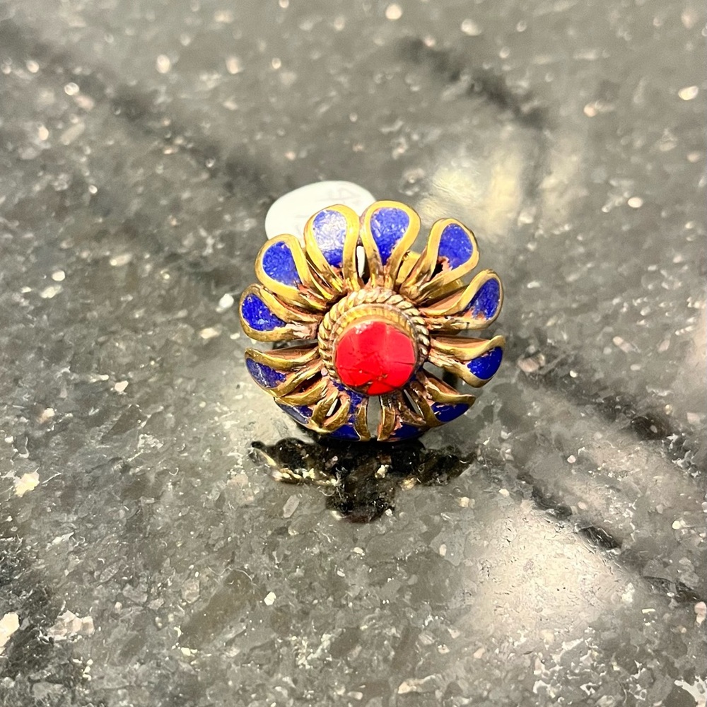Tibetan Lapis/Coral Brass ring